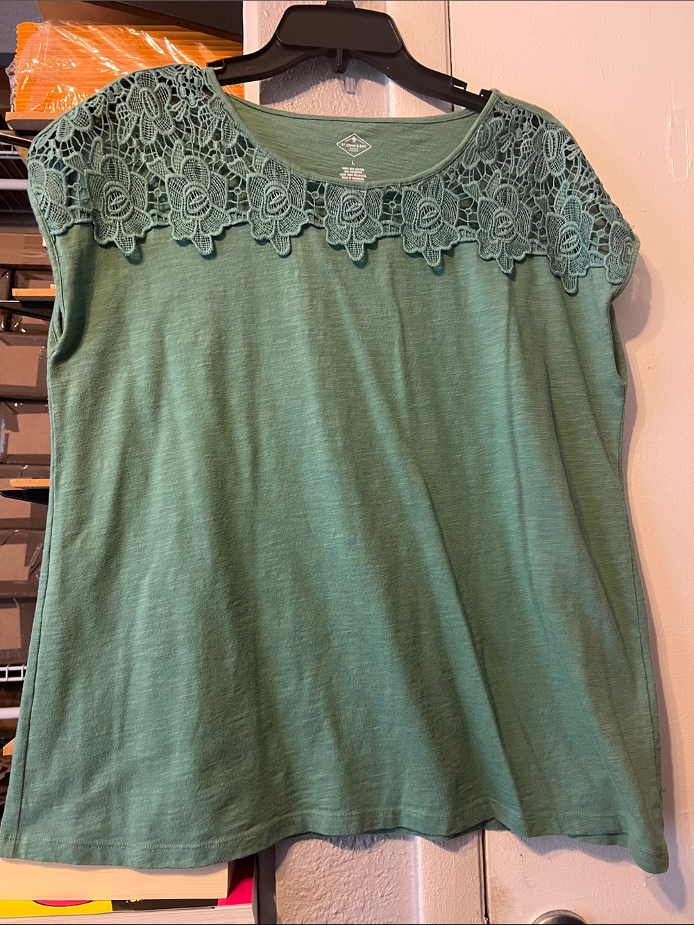 St. John's Bay Green Lace Yoke Short Sleeve Top